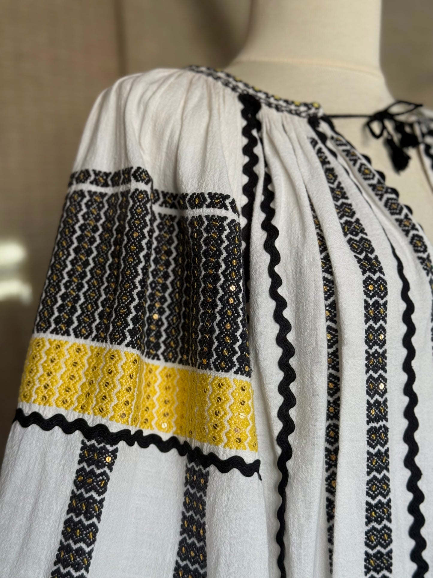 Romanian Inspired Midi-Dress With Yellow and Black Embroidery
