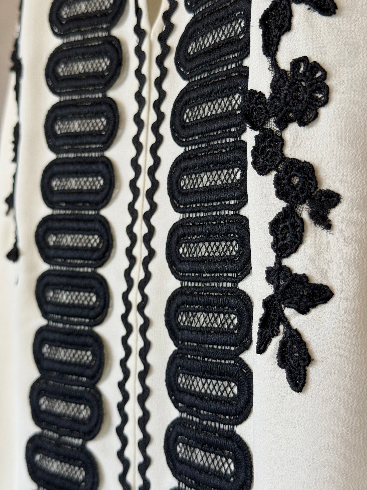 White Romanian Blouse With Black Embroidery and Fringe