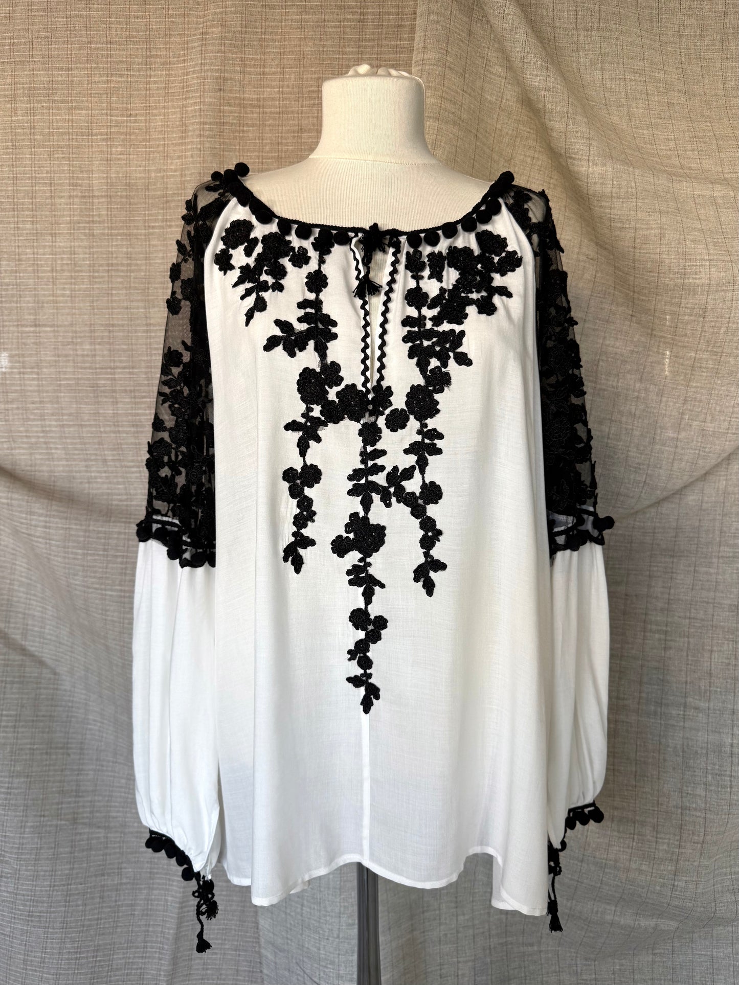 White Romanian Blouse with Black Floral Embroidery