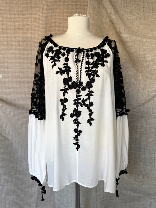 White Romanian Blouse with Black Floral Embroidery