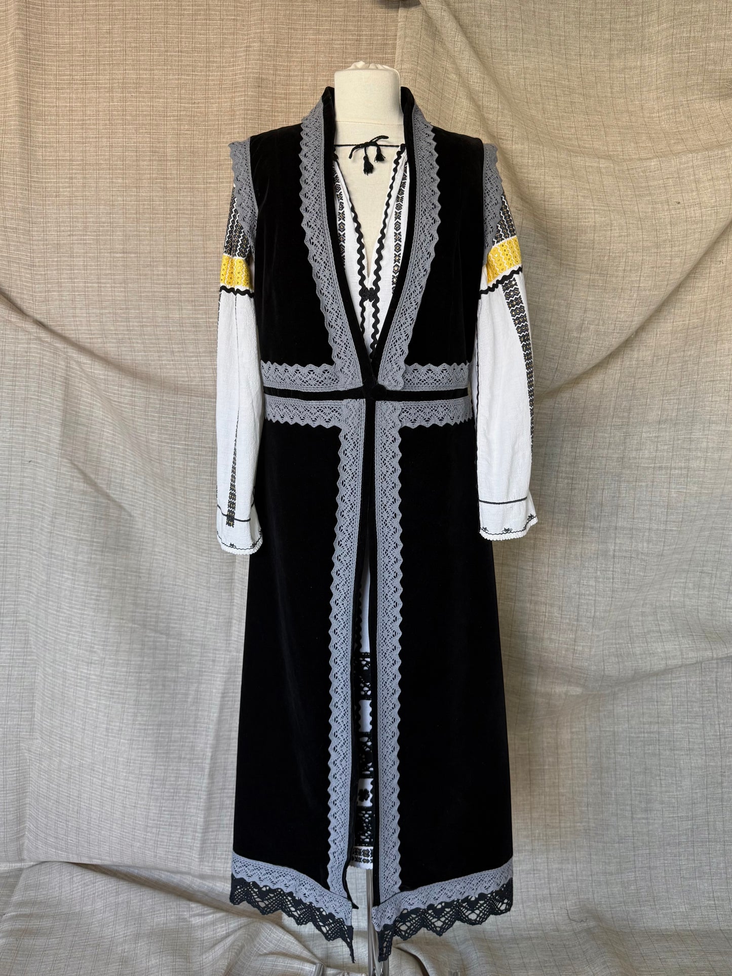 Long Velvet Vest with Grey Lace Trim