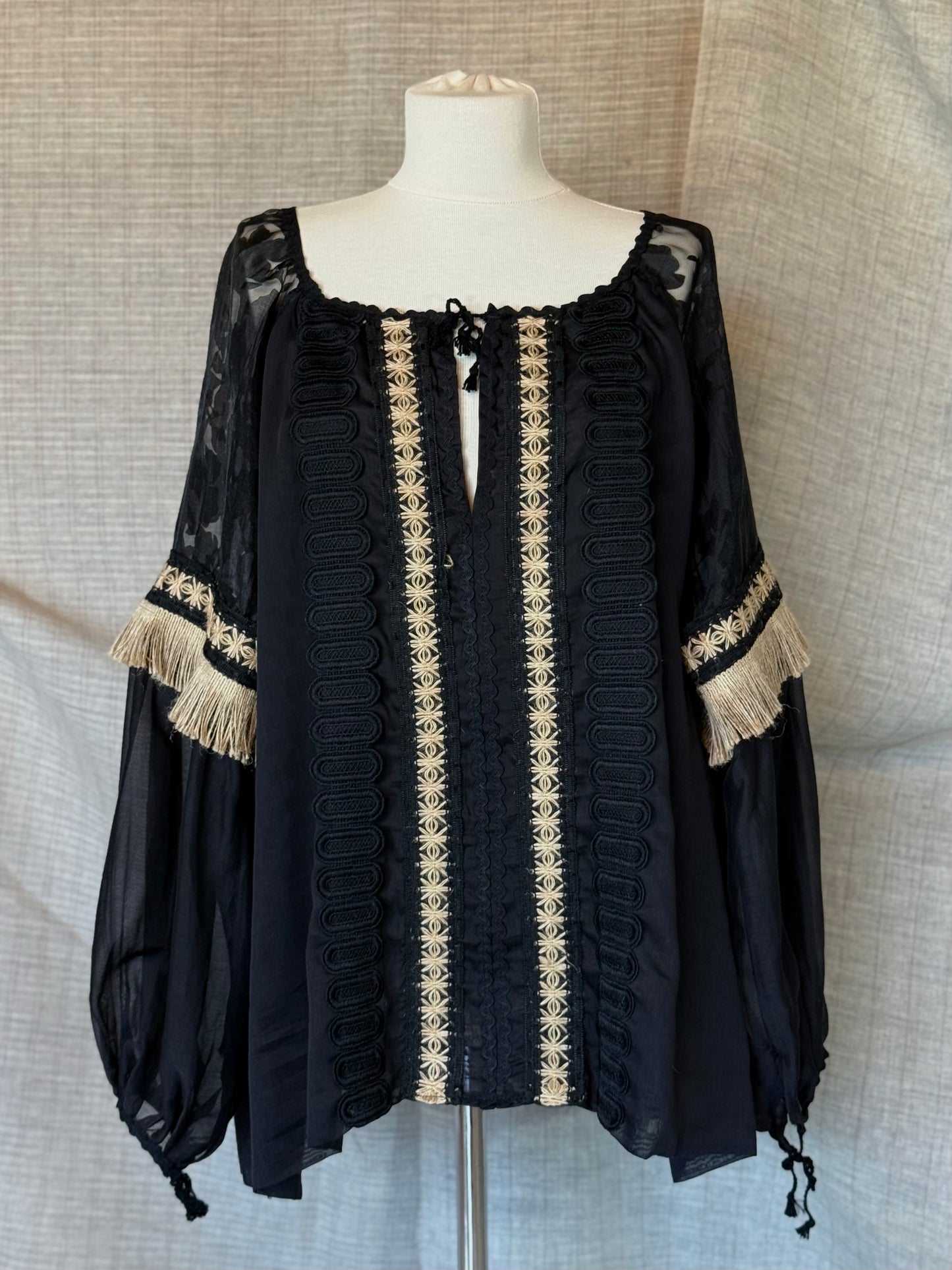 Black Romanian Blouse with Fringe Details