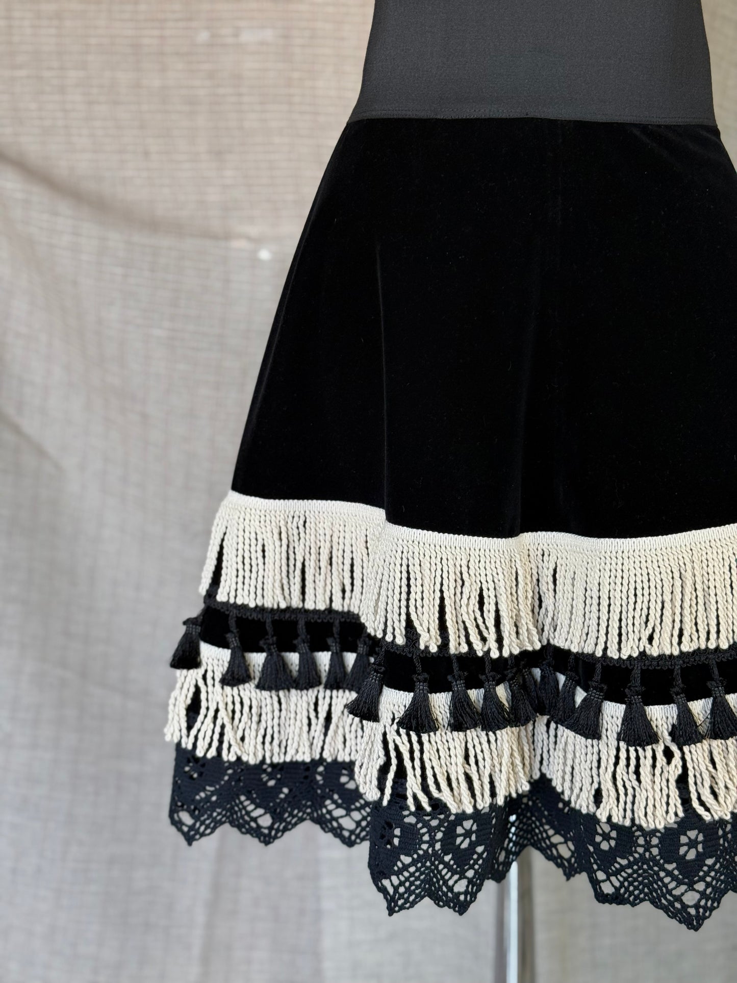 Short Velvet Skirt with Fringes and Lace