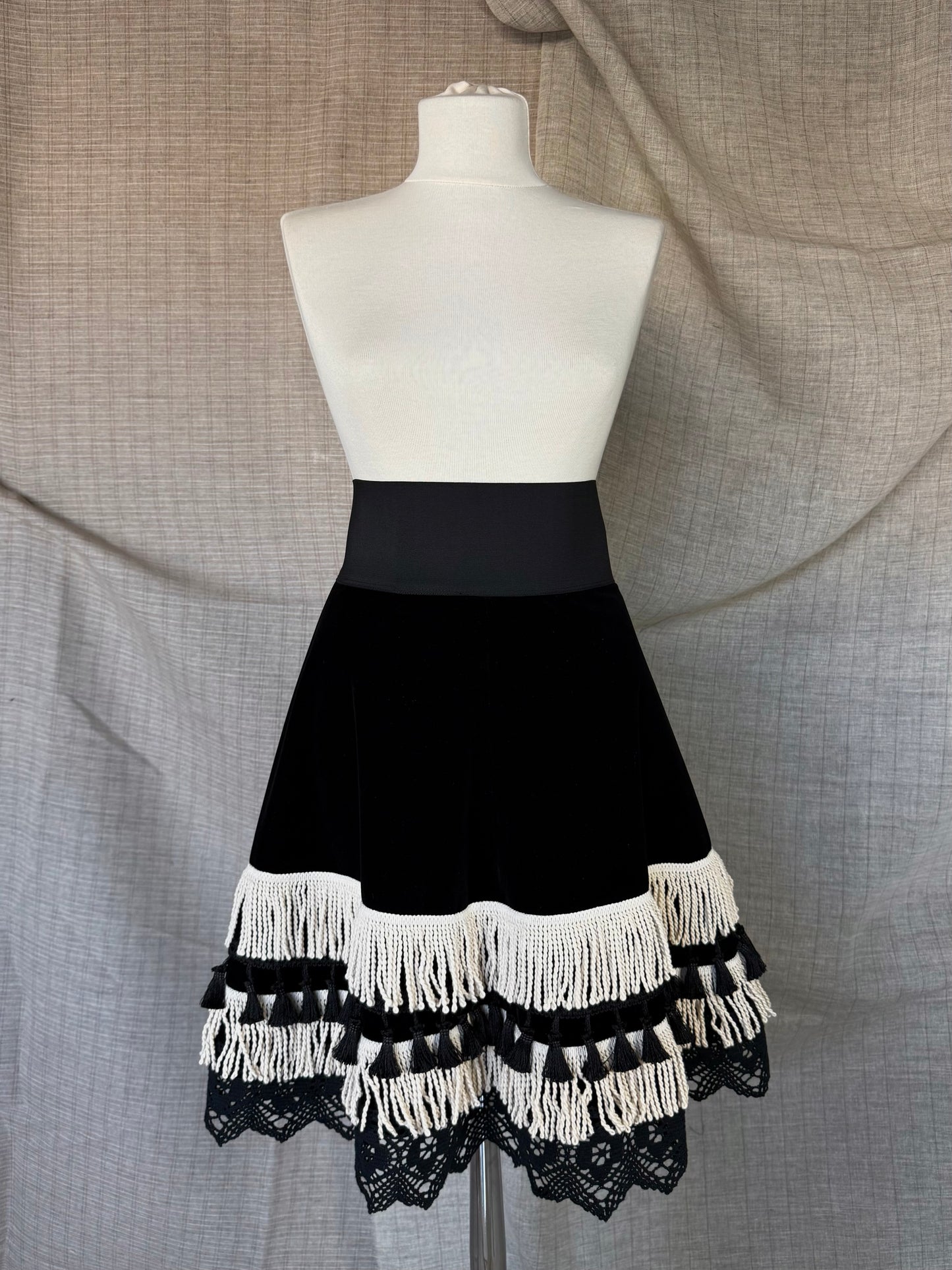 Short Velvet Skirt with Fringes and Lace