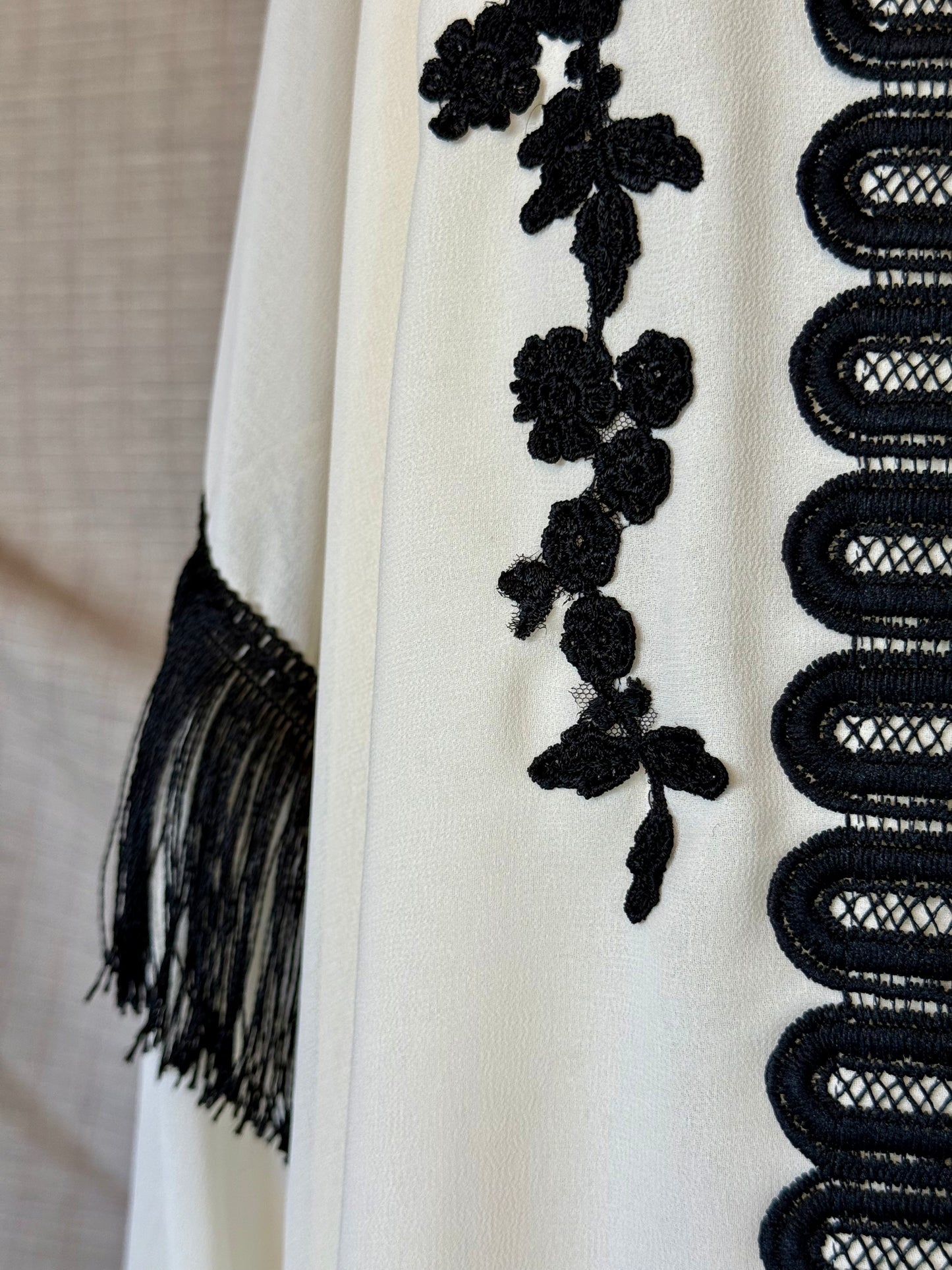 White Romanian Blouse With Black Embroidery and Fringe