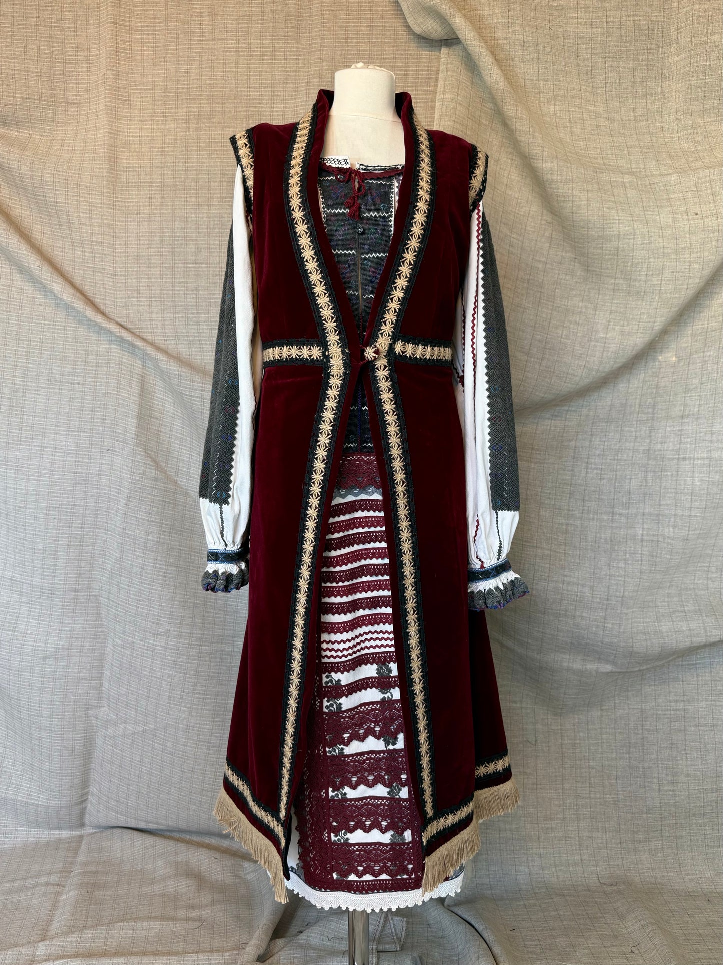 Romanian-Folklore Inspired Midi-Dress with Burgundy Embroidery