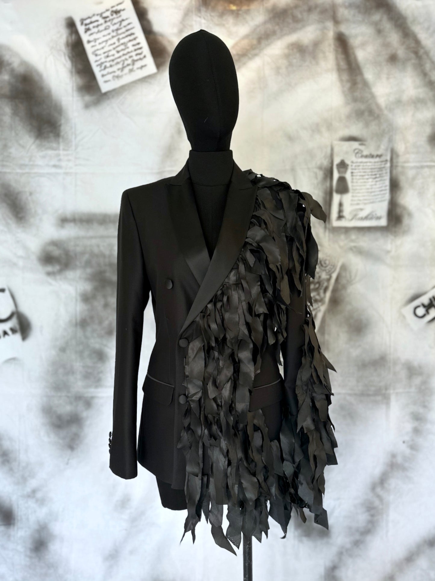 Puzzle Black Blazer With Taffeta Fringes