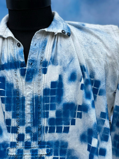 "Dor" White and Blue Hand-painted Blouse