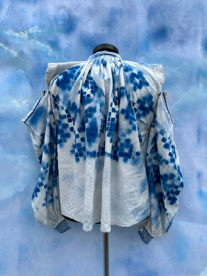 "Dor" White and Blue Hand-painted Blouse