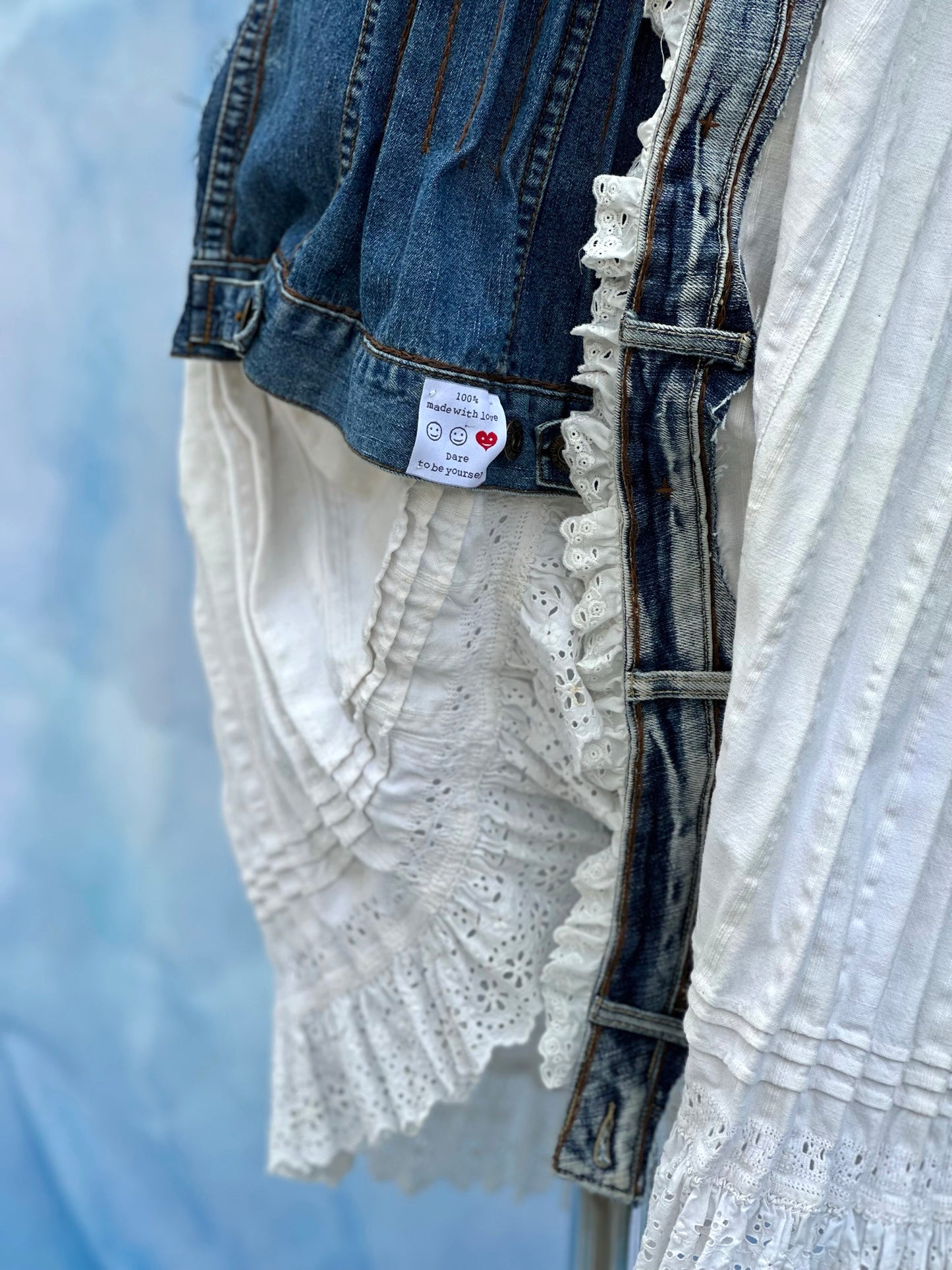 "Dor" White Linen and Denim Pleated Dress