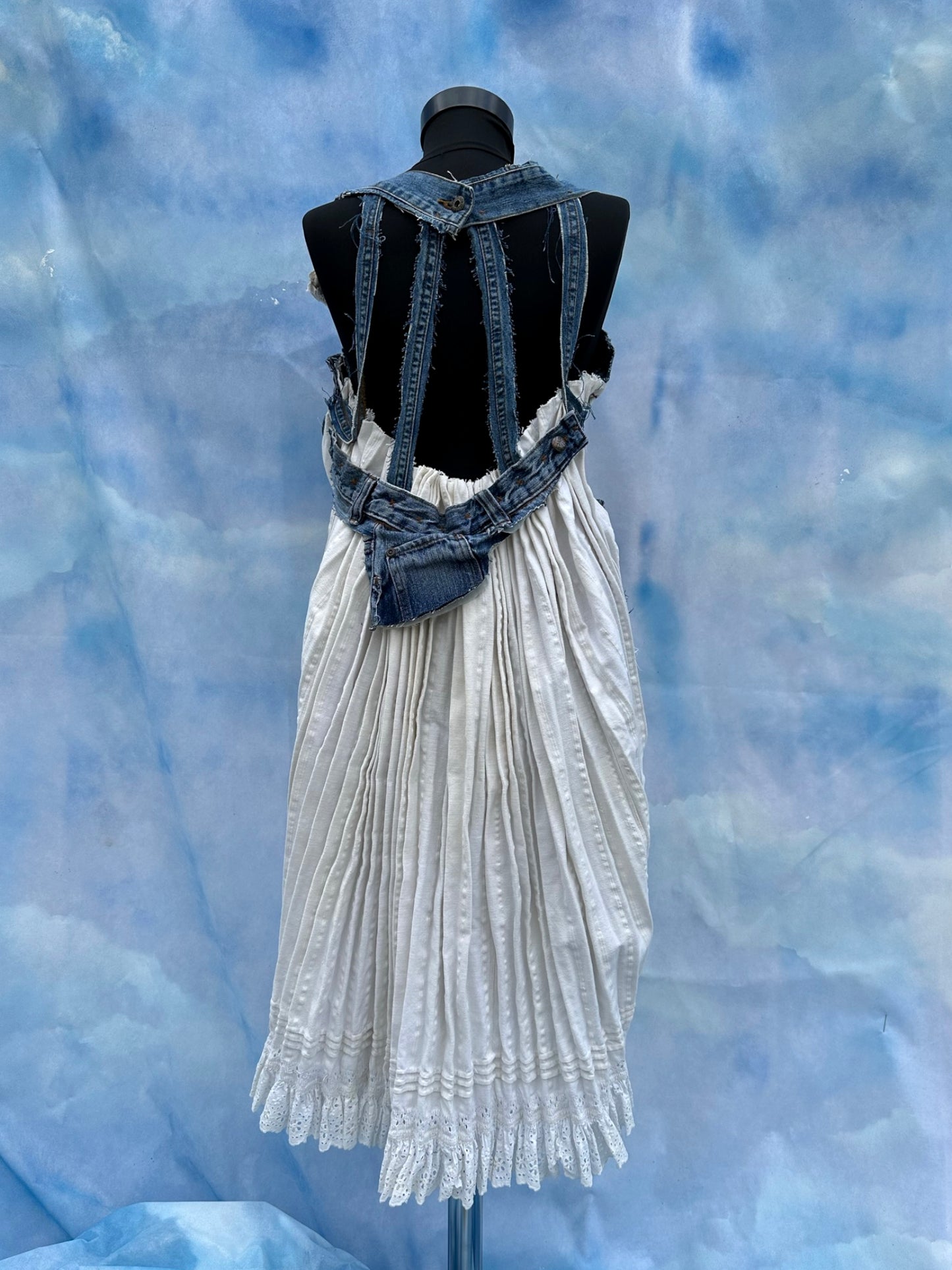 "Dor" White Linen and Denim Pleated Dress