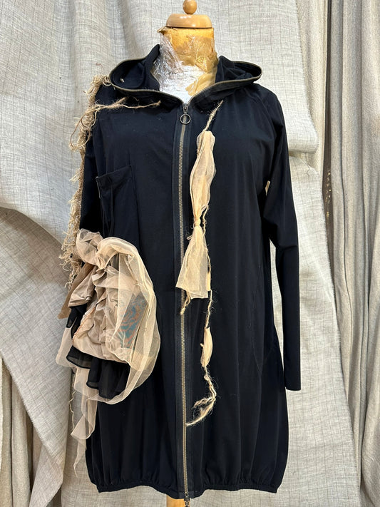 Black Full-Zip Blouse With Decorative Threads And Bows