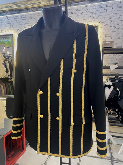 Black Double Breasted Jacket With Golden Braided Stripes