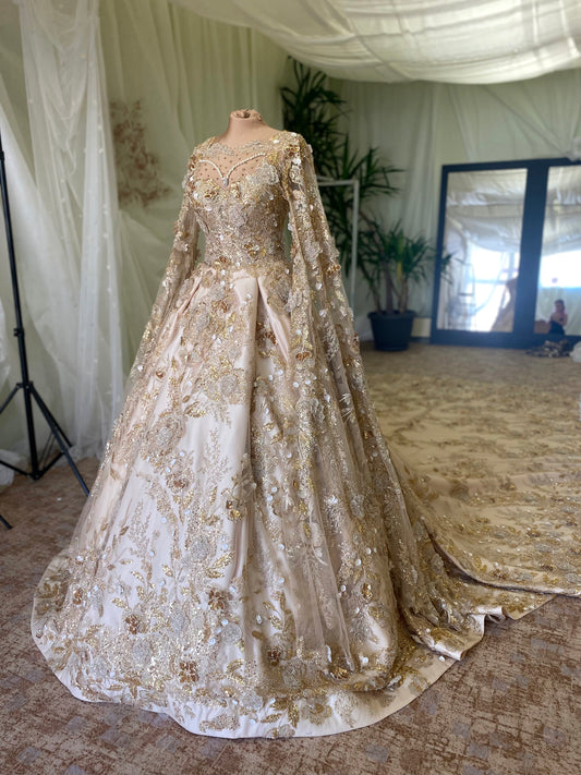 Golden Wedding Dress with 3D Floral Details