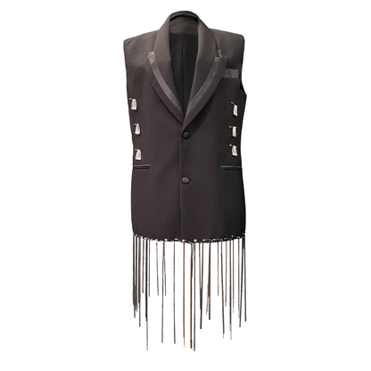 Black Vest With Hand-Painted Details, Safety Pins And Chains