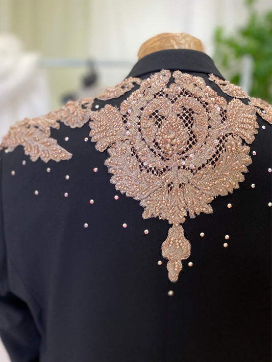 Black Smoking With Rose Gold Embroidery And Crystals