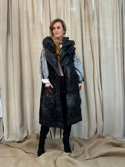 Romanian Folklore Inspired Black Fur Vest