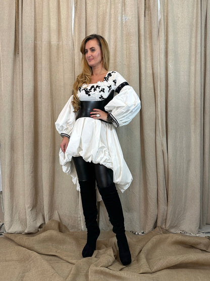 White Taffeta Dress With Black Embroidery