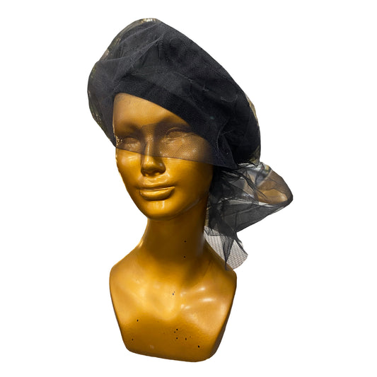Black Brocade Beret With Tulle