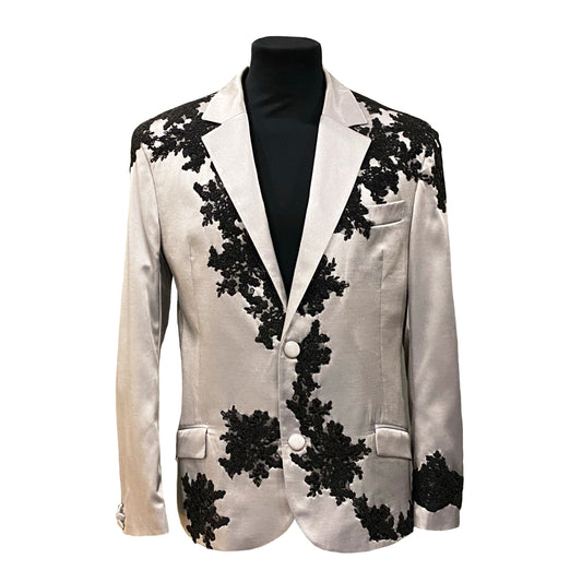 Silver Satin Jacket With Black Embroidery
