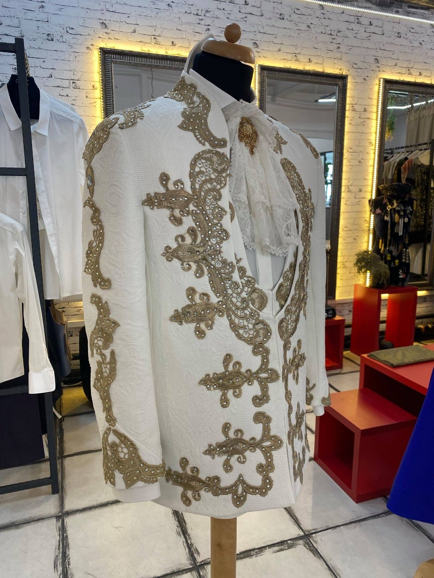 Ivory Suit With Golden Embroidery And Crystals