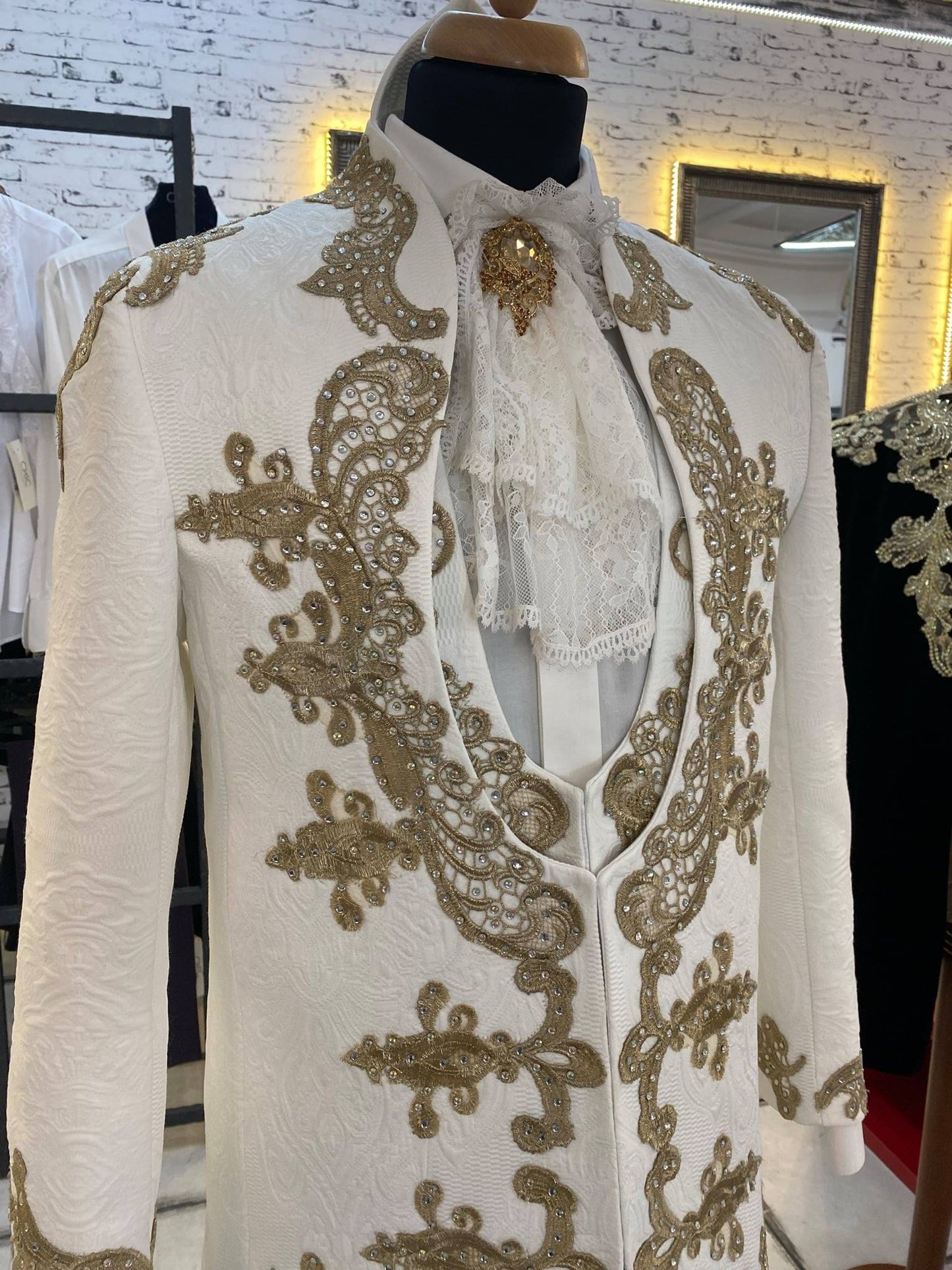 Ivory Suit With Golden Embroidery And Crystals