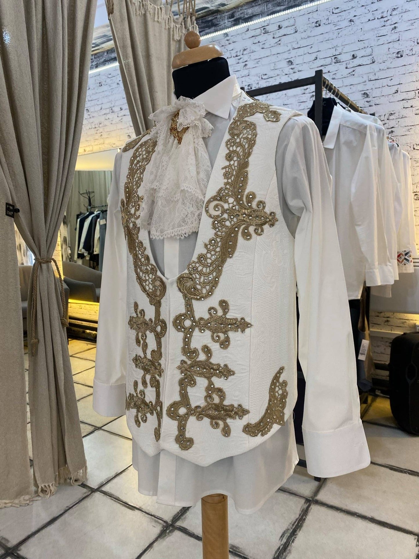 Ivory Suit With Golden Embroidery And Crystals