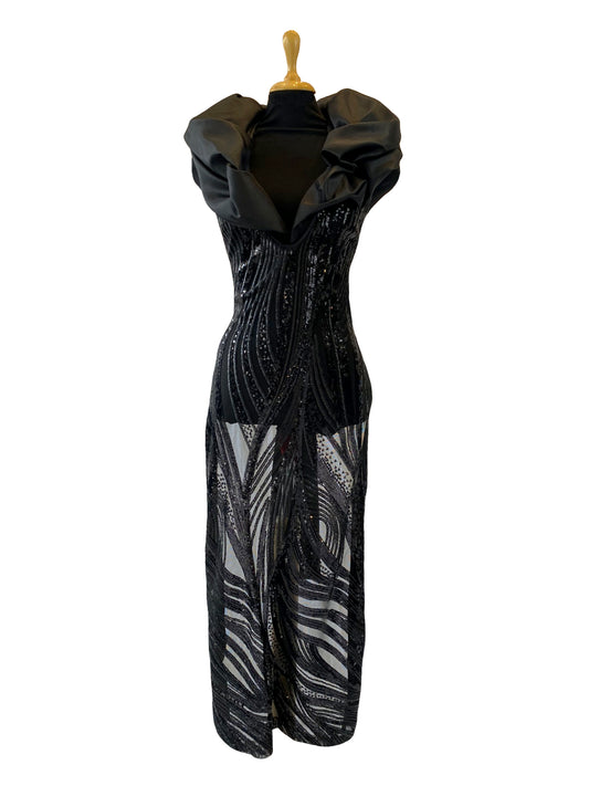 Long Sequin Vest With Wide Taffeta Collar