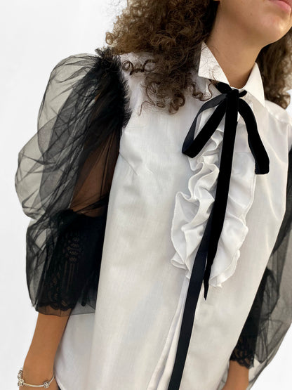 White Shirt with Puffy Tulle Sleeves